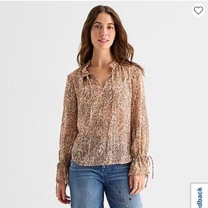 a.n.a Sheer Womens Split Tie Neck Long Sleeve Blouse